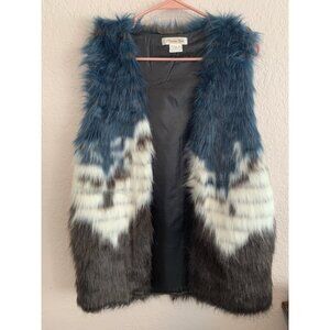 Paisley Vine Boho Faux Fur Vest Blue/Black/White Ombre Pockets Women's Size M